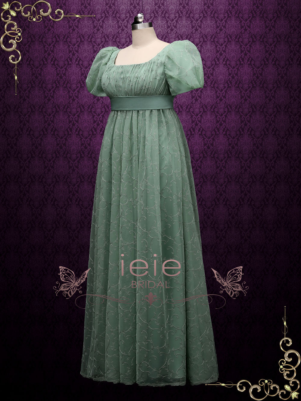 Green Regency Style Empire Dress with Floral Lace JOANNE – ieie