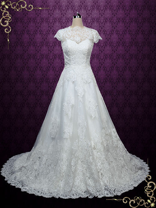 Elegant Short Sleeves Lace A-line Wedding Dress with Modest Neckline E ...