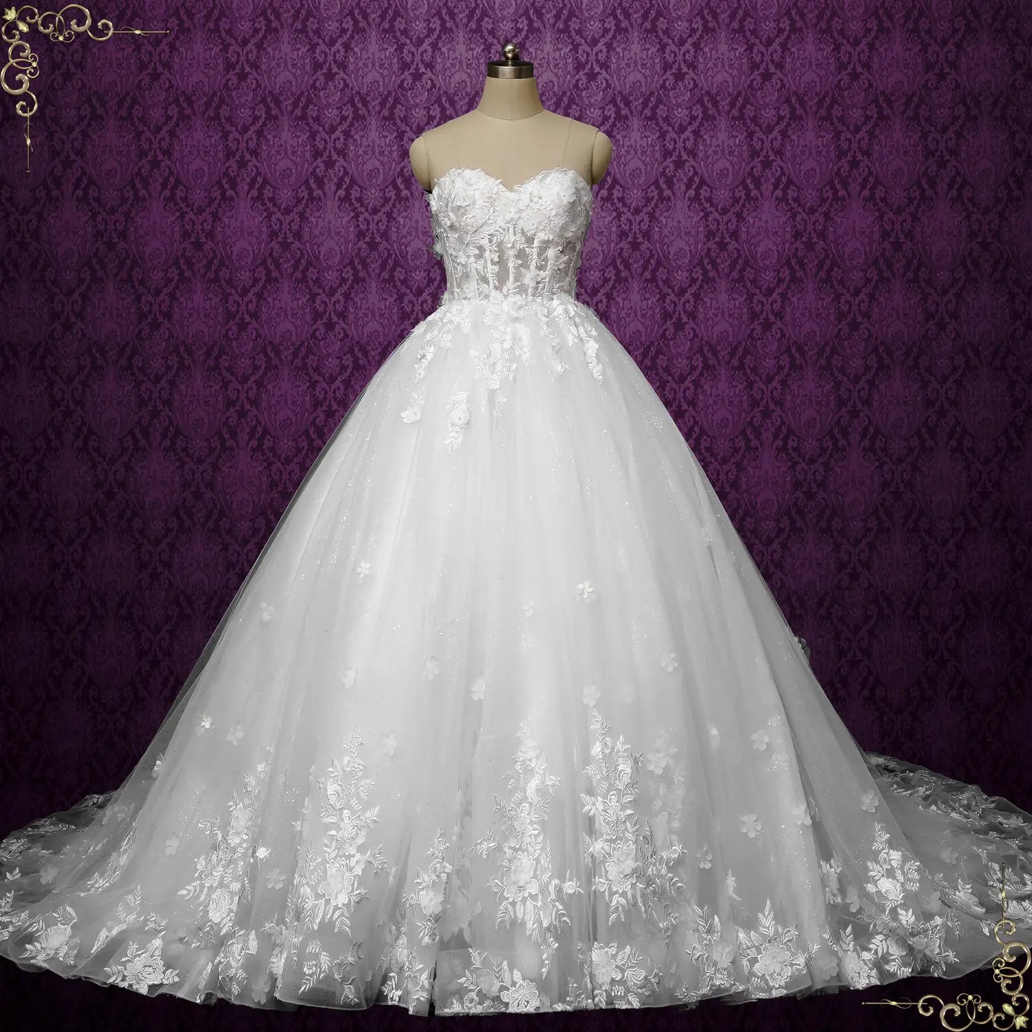 Strapless Ball Gown Lace Wedding Dress with 3D Flowers ROYALE – ieie Bridal