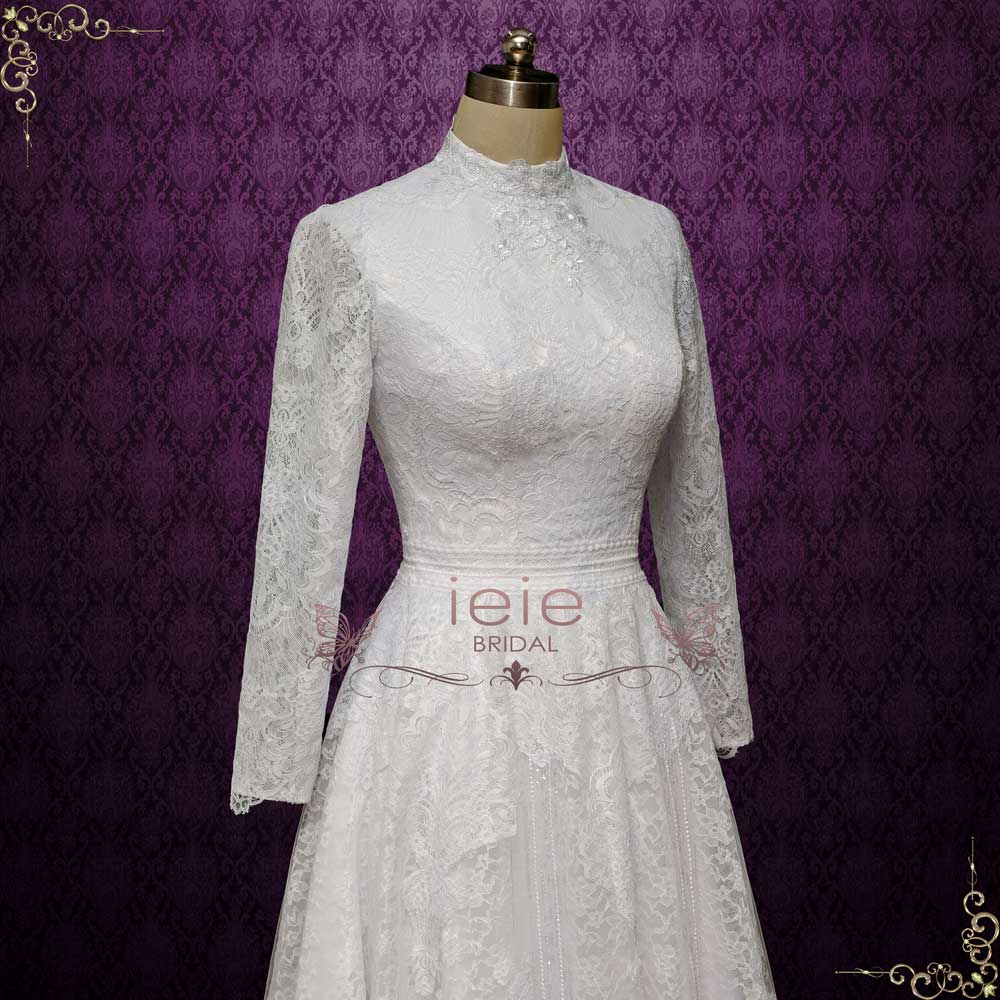 English Modest Lace Wedding Dress With Sleeves Emmeline Ieie 0931