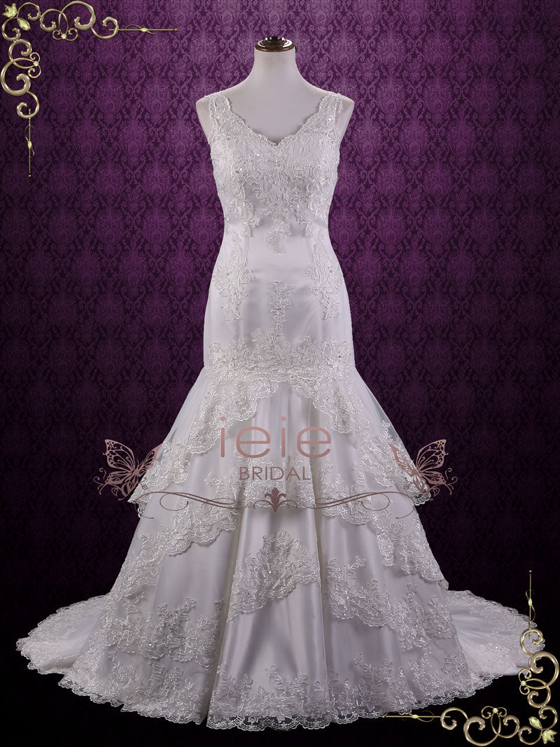 Vintage V Neck Lace Fit and Flare Wedding Dress SASHA – ieie Bridal