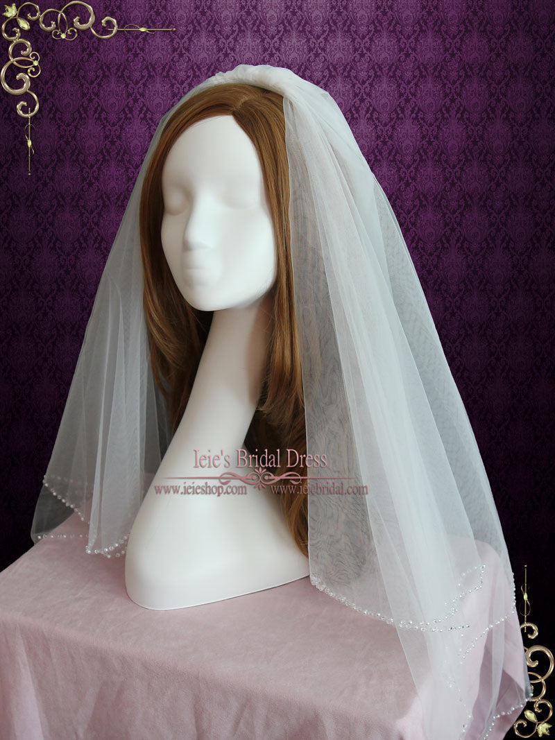 Two Tier Fingertip Wedding Veil with Pearl Edge | ieie Bridal